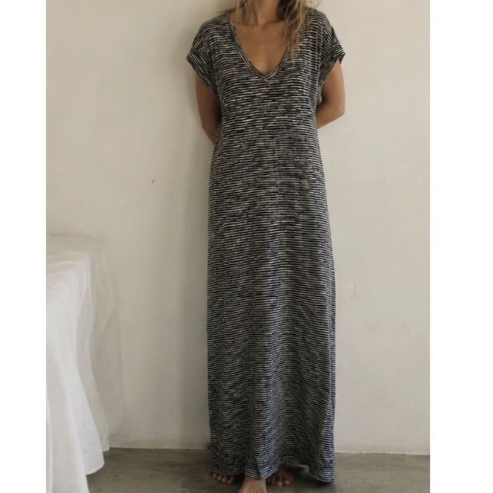 Humanoid Striped‎ Cotton Black Maxi Dress V-Neck Italy Medium Lounge Lagenlook